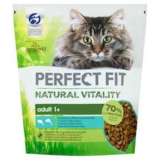 Perfect Fit Natural Vitality teljes értékű száraz eledel macskáknak lazaccal, fehérhúsú hallal 650 g