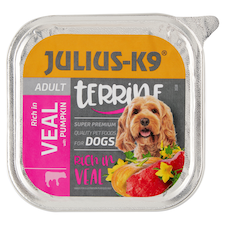 Julius-K9 borjúban gazdag terrine sütőtökkel teljes értékű állateledel felnőtt kutyák számára 150 g
