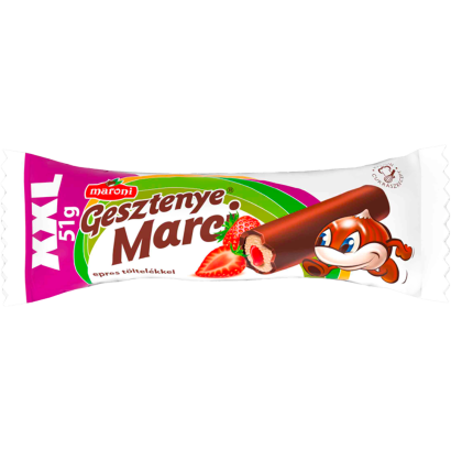 Maroni Gesztenye Marci gesztenyerúd kakaós bevonómasszával mártva epres töltelékkel 51 g
