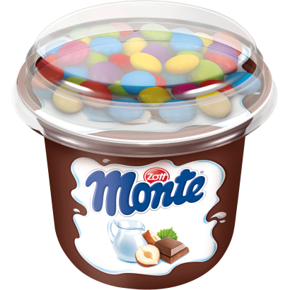 Zott Monte UHT csokoládés-mogyorós tejalapú desszert kakaós drazséval 70 g