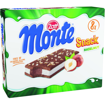 Zott Monte Snack Hazelnut tejes, csokoládés-mogyorós krémmel töltött sütemény 8 x 29 g (232 g)