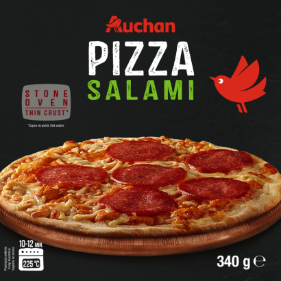 Auchan Kedvenc pizza szalámis, vékony tésztás, gyorsfagyasztott 340 g