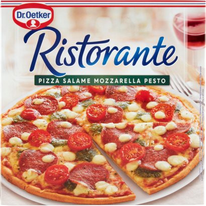 Dr. Oetker Ristorante gyorsfagyasztott pizza szalámival, mozzarella sajttal és pesto szósszal 360 g