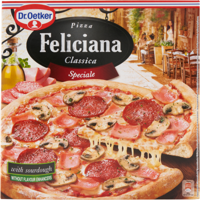 Dr. Oetker Feliciana gyorsfagyasztott pizza sonkával, gombával és szalámival 335 g