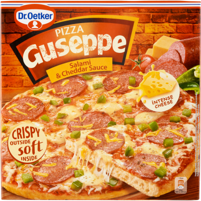 Dr. Oetker Guseppe gyorsfagyasztott pizza szalámival és cheddar szósszal 418 g