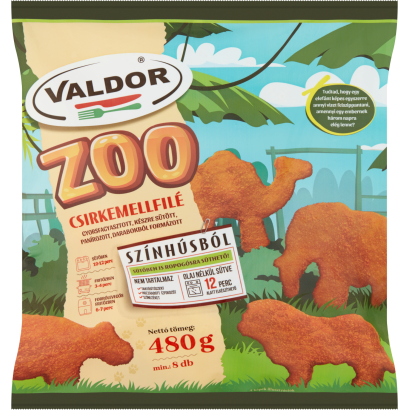 Valdor Zoo gyorsfagyasztott, készre sütött, panírozott, darabokból formázott csirkemellfilé 480 g