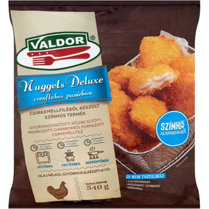 Valdor Nuggets Deluxe gyorsfagyasztott, készre sütött csirkemellfilé cornflakes panírban 540 g