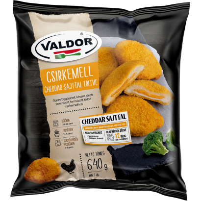 Valdor gyorsfagyasztott, készre sütött, panírozott, cheddar sajttal töltött csirkemell 640 g