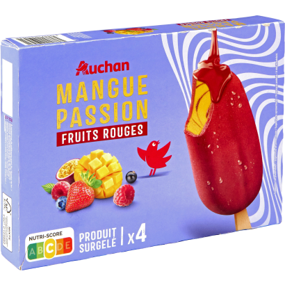 Auchan Kedvenc mangó, maracuja pálcikás jégkrém piros gyümölcsös szósz 4db 276 g