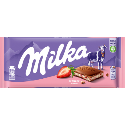 Milka alpesi tej felhasználásával készült tejcsokoládé eperízű krémmel töltve 100 g