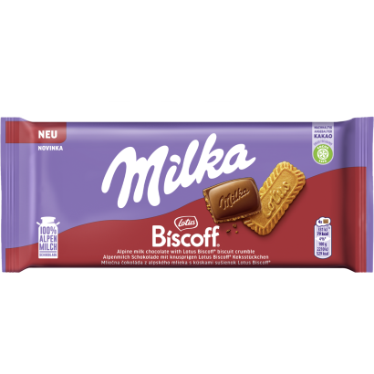 Milka alpesi tej felhasználásával készült tejcsokoládé karamellizált kekszdarabkákkal 90 g