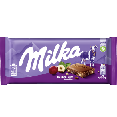 Milka alpesi tej felhasználásával készült tejcsokoládé mazsolával és mogyoródarabokkal 90 g