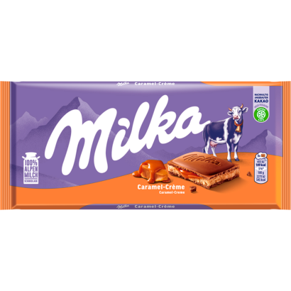 Milka alpesi tejcsokoládé karamellízű tejes krémtöltelékkel és karamellás töltelékkel 100 g