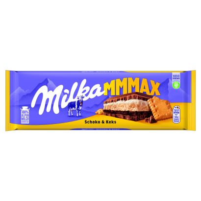 Milka Mmmax alpesi tejcsokoládé kakaós-tejes krémtöltelékkel és keksszel töltve 300 g