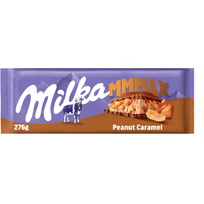 Milka Mmmax földimogyorós-karamellás alpesi tejcsokoládé földimogyoró darabokkal és rizzsel 276 g