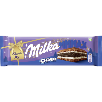 Milka Mmmax Oreo alpesi tejcsokoládé vanília ízű tejes krémtöltelékkel és kakaós keksszel 300 g