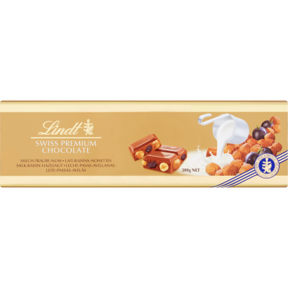 Lindt tejcsokoládé mazsolával, egész mogyoróval és mandulával 300 g