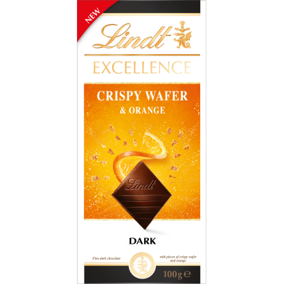 Lindt Excellence étcsokoládé ropogós ostya darabokkal és narancslé-zselé darabokkal 100 g
