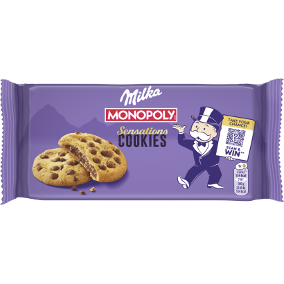 Milka Cookies Sensations keksz alpesi tejcsokoládé darabokkal és tejcsokoládés töltelékkel 156 g