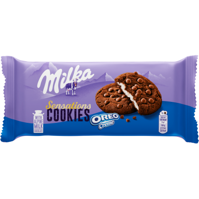 Milka Cookies Sensations Oreo Creme kakaós keksz tejcsokoládé darabokkal, vaníliás töltelékkel 156 g