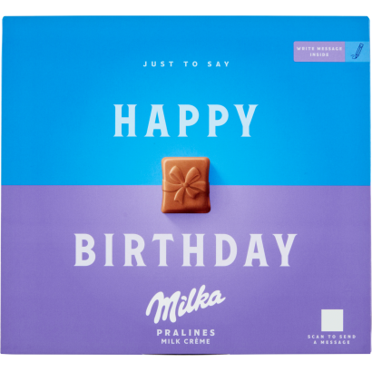 Milka Happy Birthday alpesi tejcsokoládé praliné tejes krémtöltelékkel 20 db 110 g