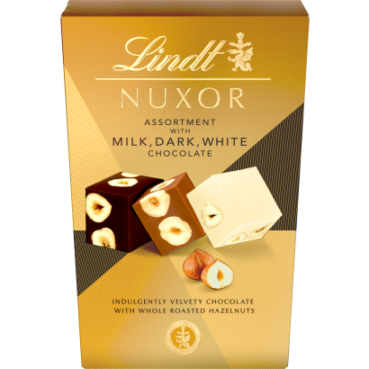 Lindt Nuxor csokoládé válogatás tej-, ét- és fehér csokoládé egész mogyoróval őrölt mogyoróval 150 g