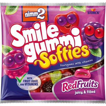nimm2 Smilegummi Softies Red Fruits puha vegyes gyümölcs ízű töltött gumicukorka vitaminokkal 90 g