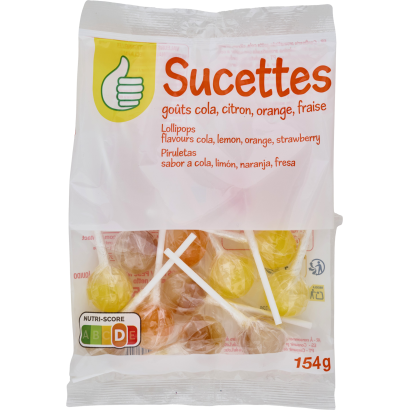 Auchan Tipp kóla, citrom, narancs, eper ízű nyalókák 154 g