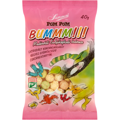 Szerencsi Pom Pom Bummm!!! extrudált kukoricapehely vegyes gyümölcsízű cukorbevonattal 40 g