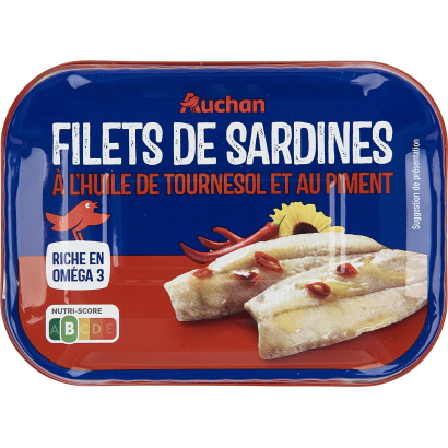 Auchan Kedvenc Szardínia filé napraforgó-étolajban chilipaprikával csípős 100  g