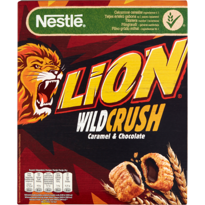 Nestlé Lion Wild Crush karamell- és csokoládéízű krémmel töltött ropogós gabonapehely 360 g