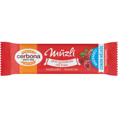 Cerbona piros gyümölcsös müzliszelet cukor hozzáadása nélkül, édesítőszerrel 20 g