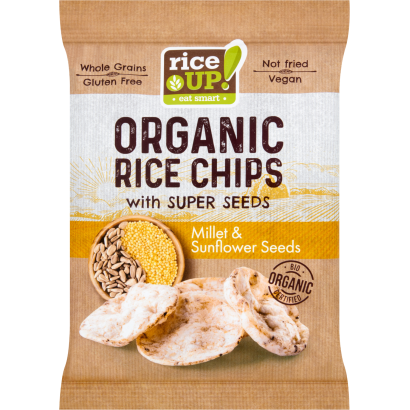 RiceUp! Eat Smart Bio teljes kiőrlésű barna rizs chips kölessel és napraforgómaggal 25 g