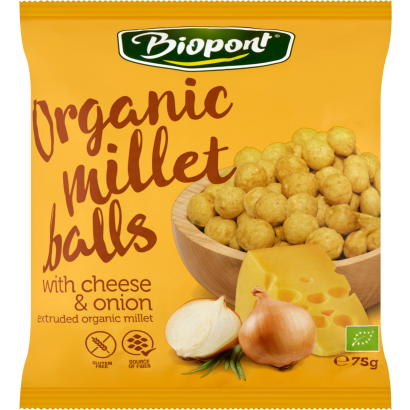 Biopont gluténmentes bio sajtos-hagymás ízesítésű extrudált kölesgolyó 75 g