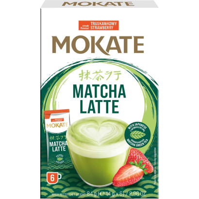 Mokate Strawberry Matcha Latte tej és zöldtea alapú instant italpor eper ízesítéssel 6 x 14 g (84 g)