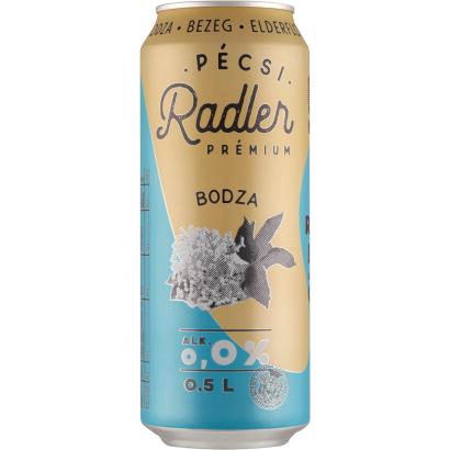Pécsi Radler Prémium Bodza alkoholmentes világos sör és bodza ízű szénsavas üdítőital 0,0% 0,5 l