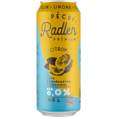 Pécsi Radler Prémium Citrom alkoholmentes világos sör & citrom ízű szénsavas üdítőital 0,0% 0,5 l