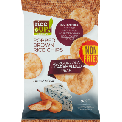 RiceUp! teljes kiőrlésű barna rizs chips gorgonzola sajt és karamellizált körte ízesítéssel 60 g