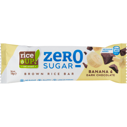 RiceUp! Zero Sugar puffasztott teljes kiőrlésű barna rizsszelet banános ízű étcsokoládéval 18 g