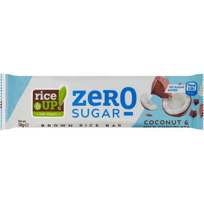RiceUp! Zero Sugar puffasztott teljes kiőrlésű barna rizsszelet kókuszos ízű tejcsokoládéval 18 g