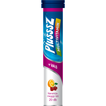 Plusssz multivitamin + vas narancs-meggy ízű étrend-kiegészítő pezsgőtabletta 20 x 4,3 g (86 g)