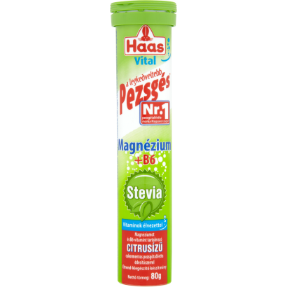 Haas Vital Stevia Magnézium + B6 citrusízű, cukormentes étrend-kiegészítő pezsgőtabletta 80 g