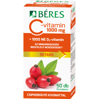 Béres C-vitamin 1000 mg + 1000 NE D3-vitamin filmtabletta csipkebogyókivonattal 50 x 1,85 g (92,5 g)