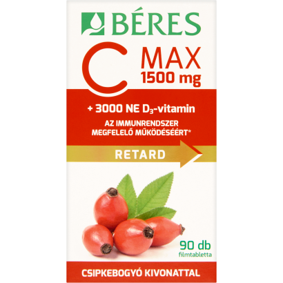 Béres C MAX 1500 mg RETARD filmtabletta csipkebogyó kivonattal + 3000 NE D3-vitamin 90 db 179 g