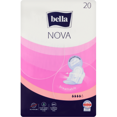 Bella Nova légáteresztő, szárnyakkal rögzíthető egészségügyi betét szálfátyol fedőréteggel 20 db