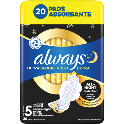 Always Ultra Secure Night Extra Egészségügyi Betét (5-ös Méret) Szárnyas Betét x 20]