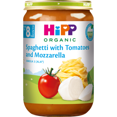 HiPP bio spagetti paradicsommal és mozzarellával bébiétel 8 hónapos kortól 220 g