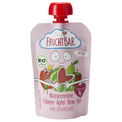 FRUCHTBAR BIO 100% GYÜMÖLCSÖS BÉBIDESSZERT GÖRÖGDINNYE EPER ALMA KÖRTE RIZS 6 HÓNAPOS KORTÓL