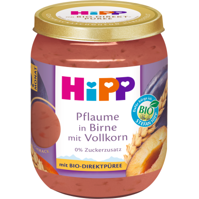 HiPP bio gyümölcskészítmény gabonával körte-szilva bébidesszert 6 hónapos kortól 160 g