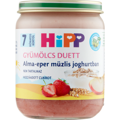 HiPP Gyümölcs Duett BIO alma-eper müzlis joghurtban bébidesszert 7 hónapos kortól 160 g